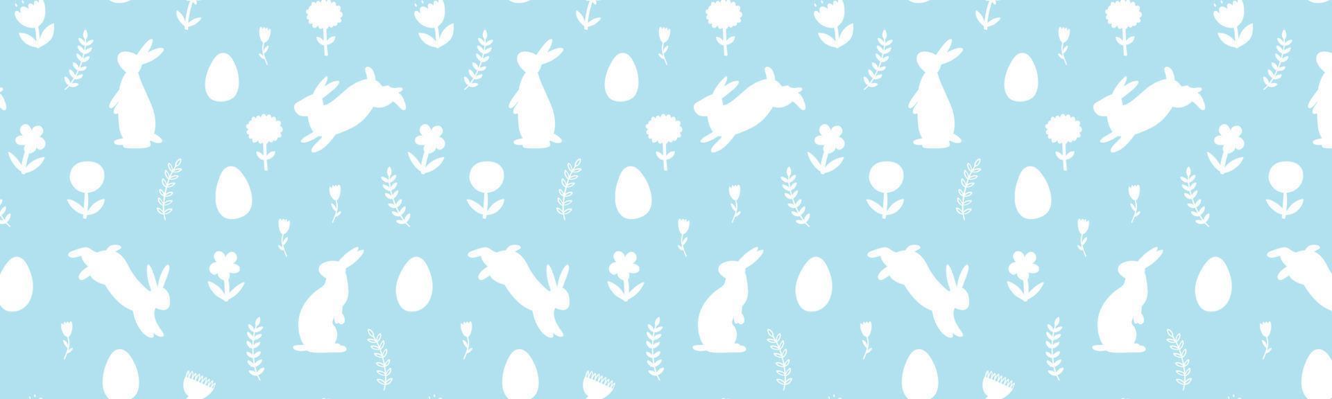 Easter banner with bunnies, flowers and easter eggs. Vector background with silhouettes of animals and plants