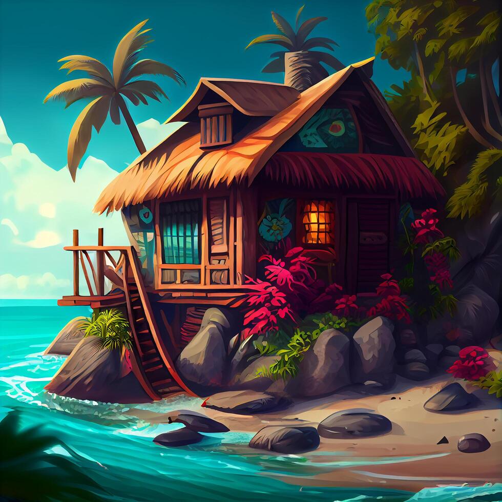 Small hut on a tropical island among palm trees. photo