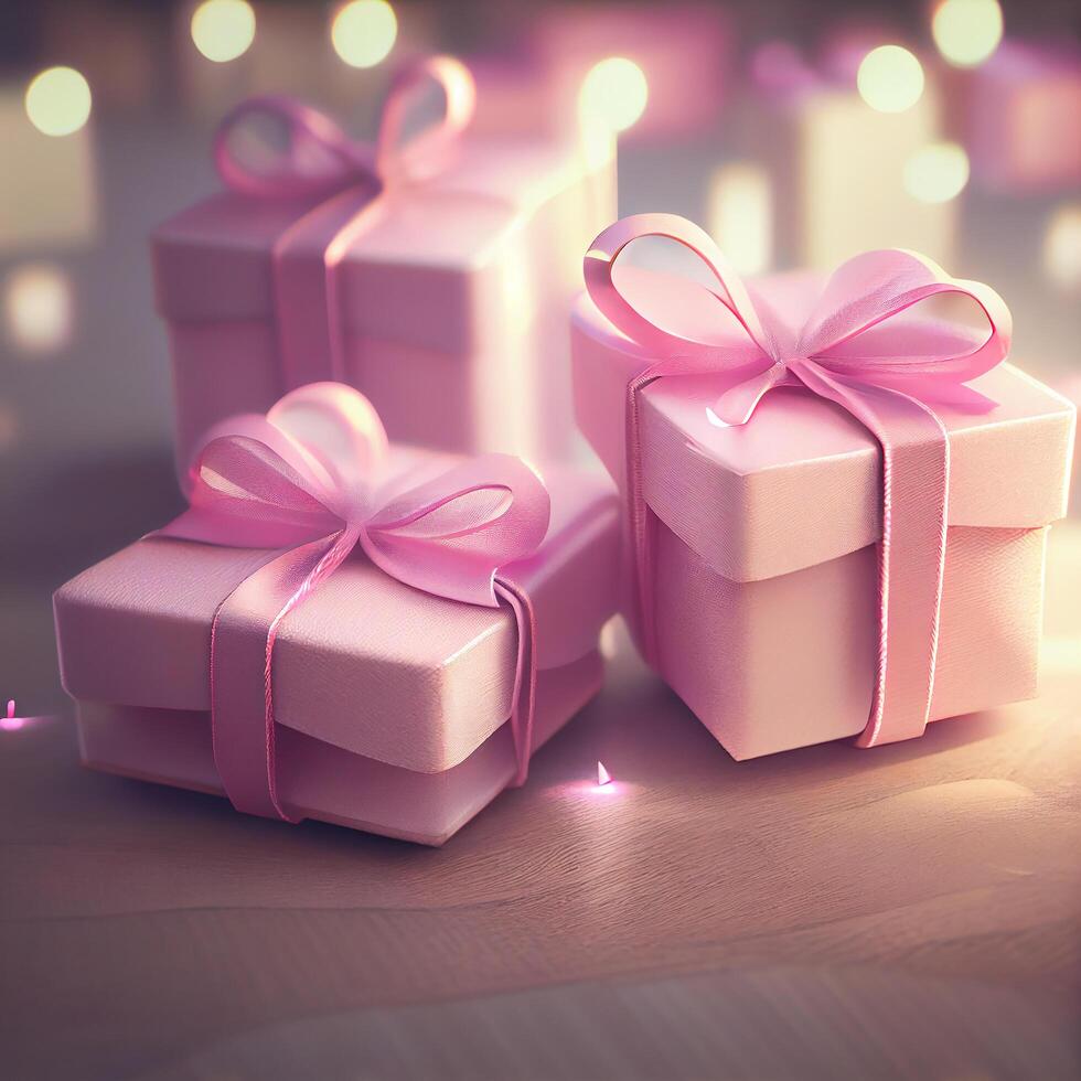 Pink Gif Boxes with Bow on Bokeh Background. photo