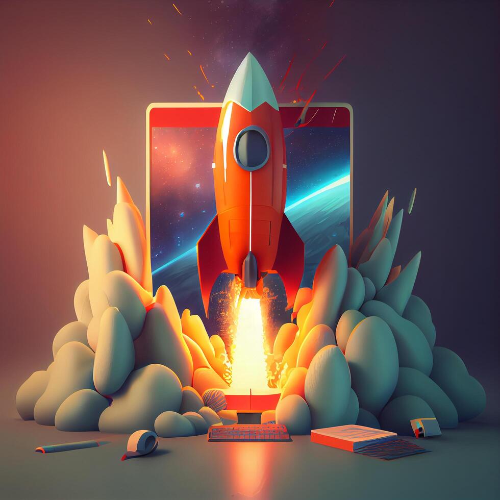 Vivid Rocket Starting Fly From a Desk. Illustration. photo