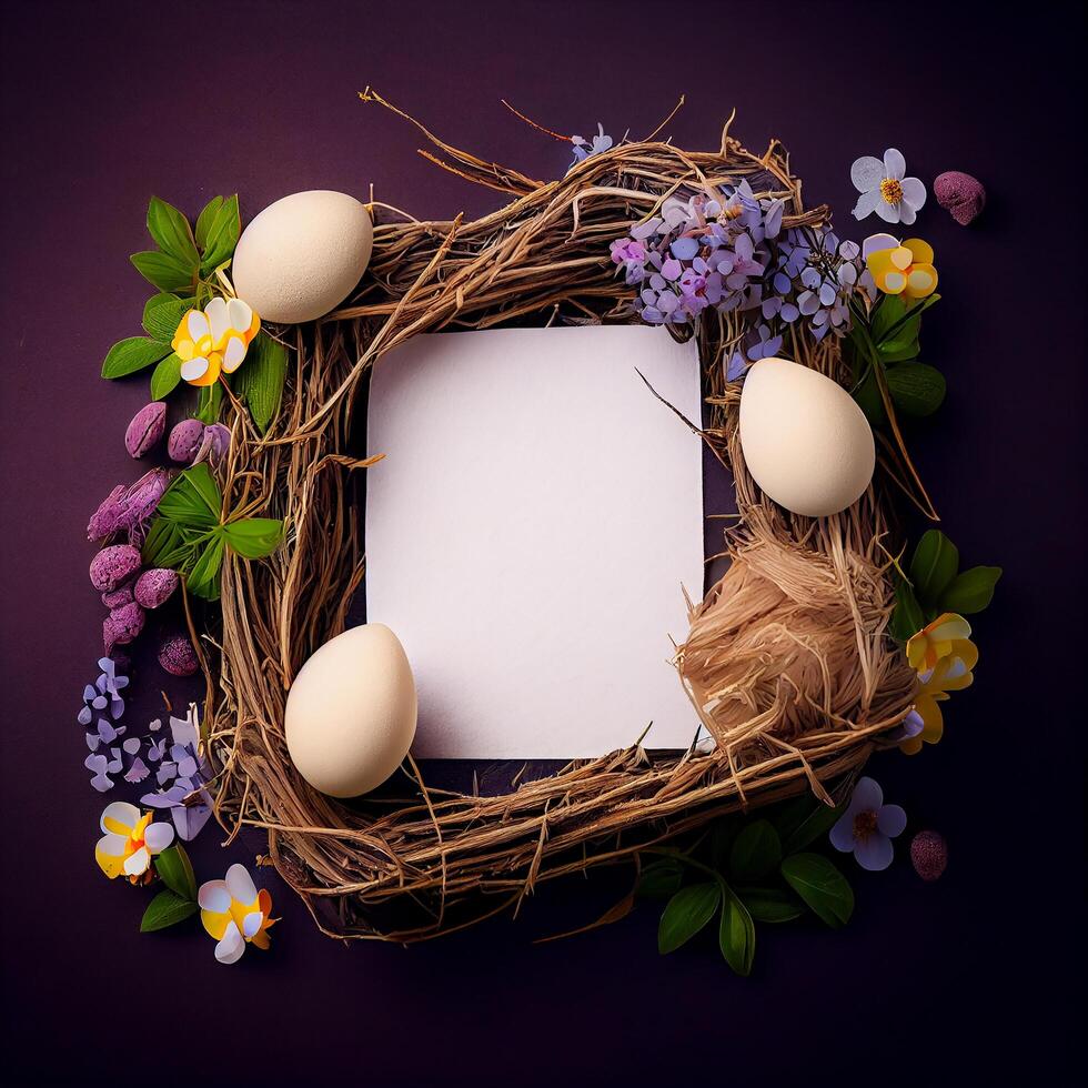 Frame Happy Easter concept with eggs. Illustration photo