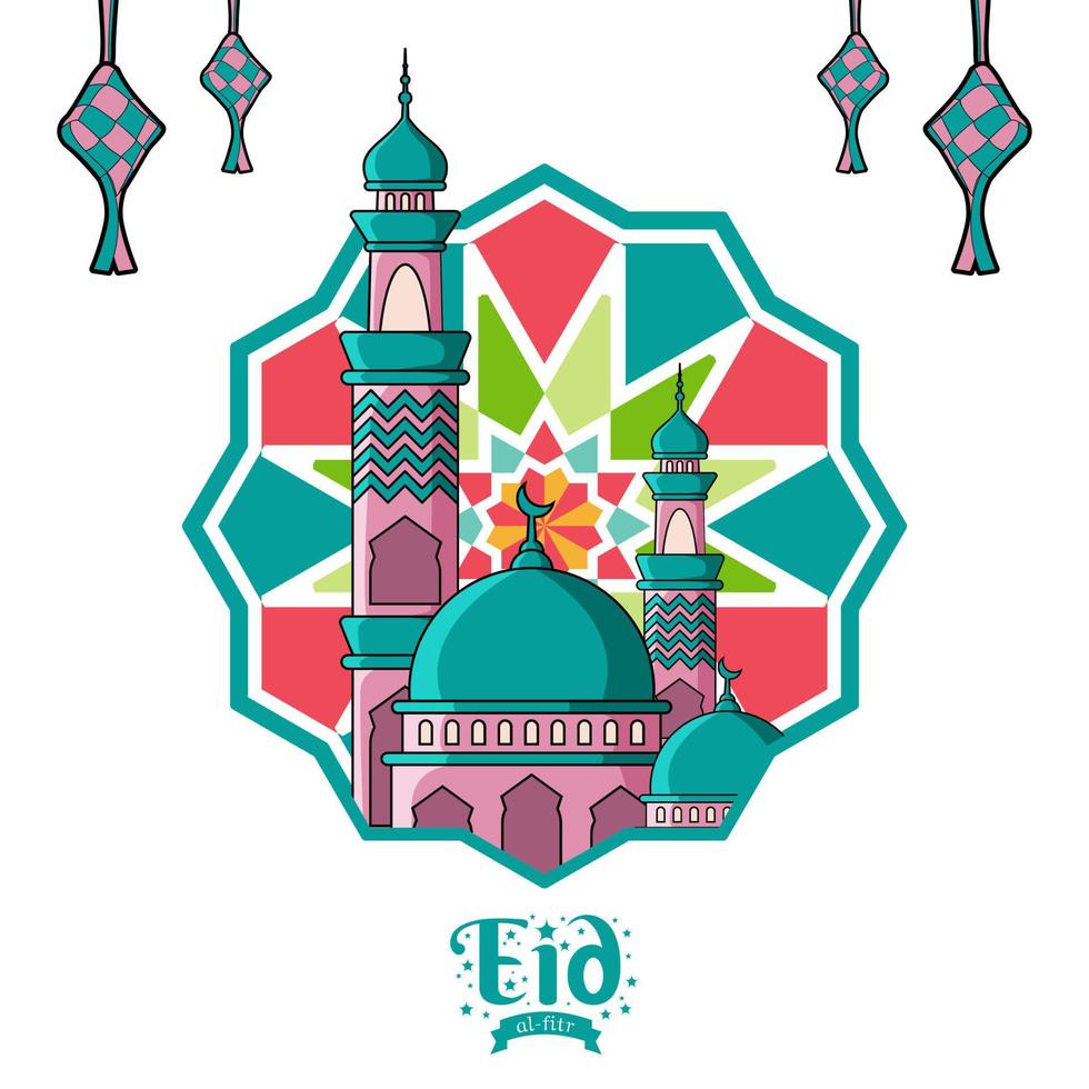Eid al fitr with mosque and islamic ornament illustration design vector