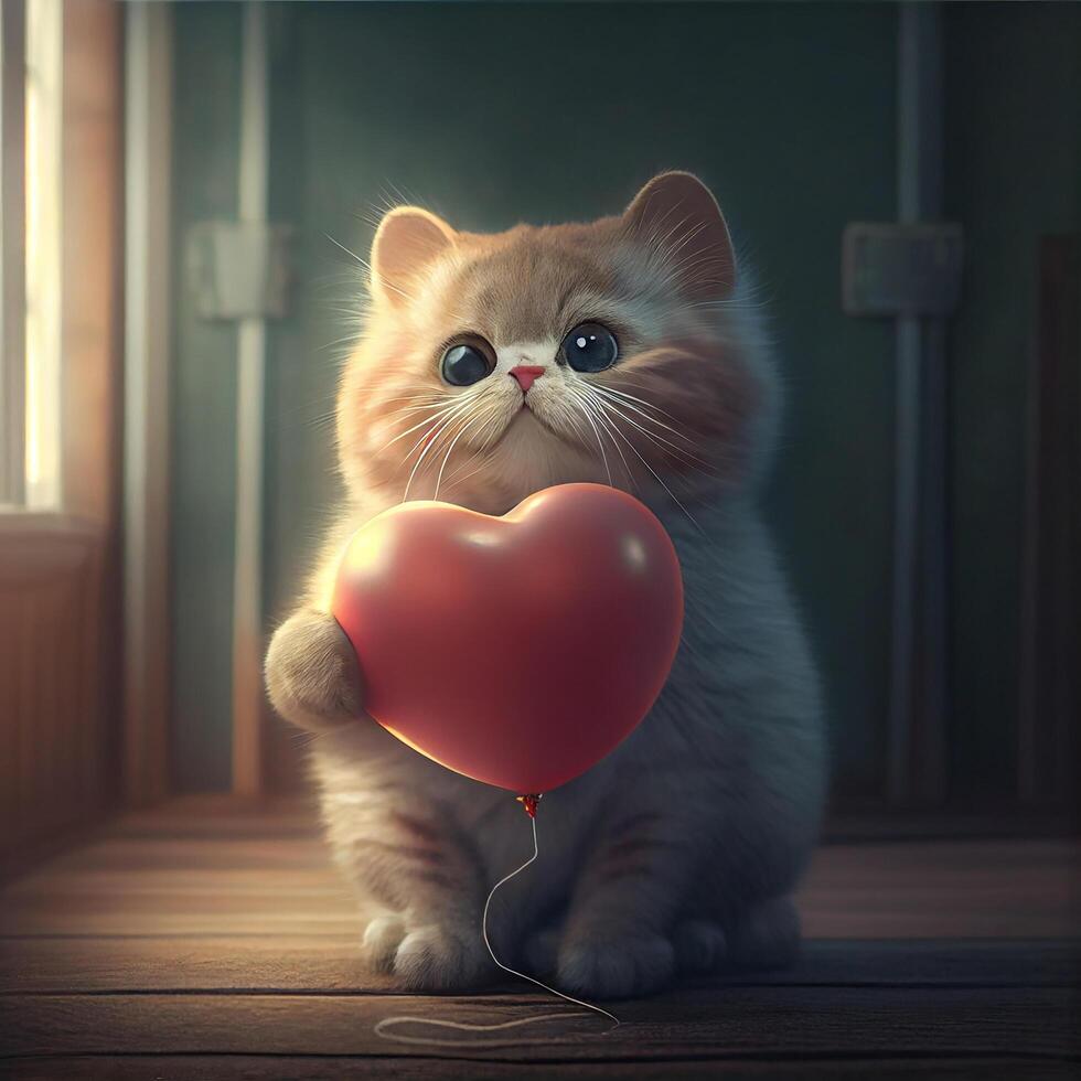 Cute Little Cat with Heart Shape Balloon. photo