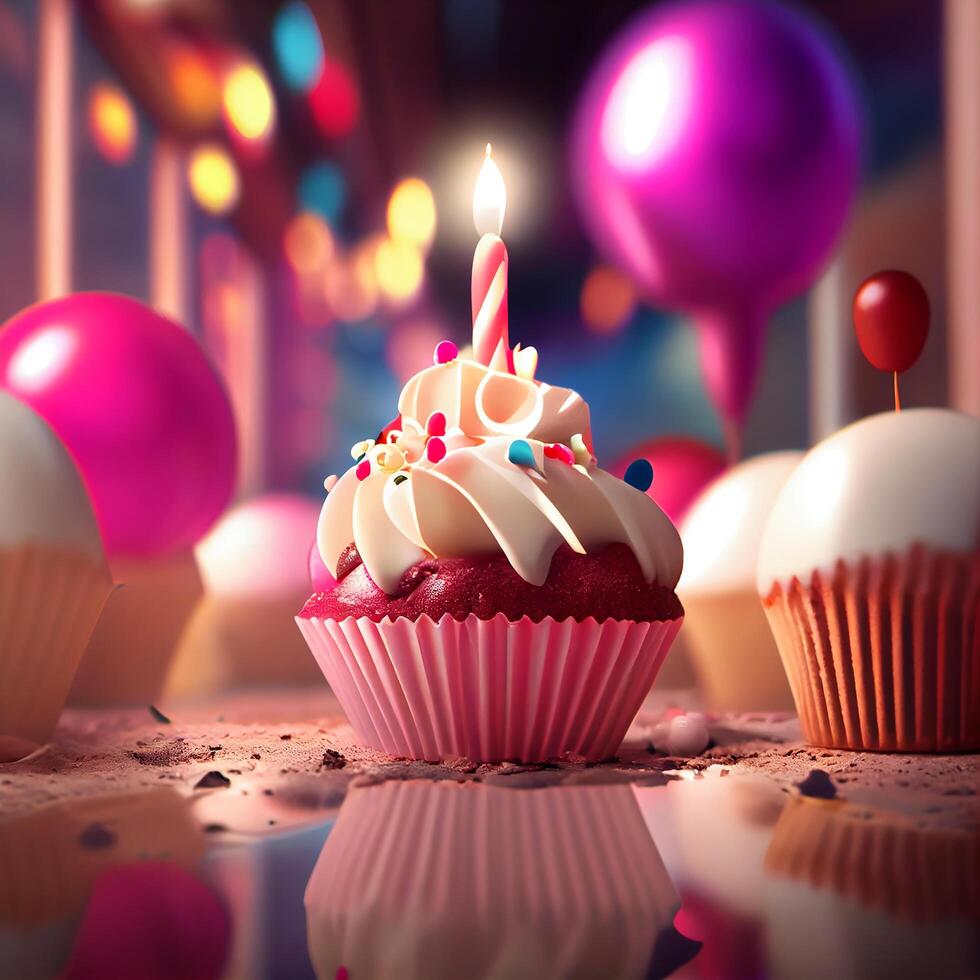 Happy Birthday Greeting Card with Cake in Bokeh Background photo