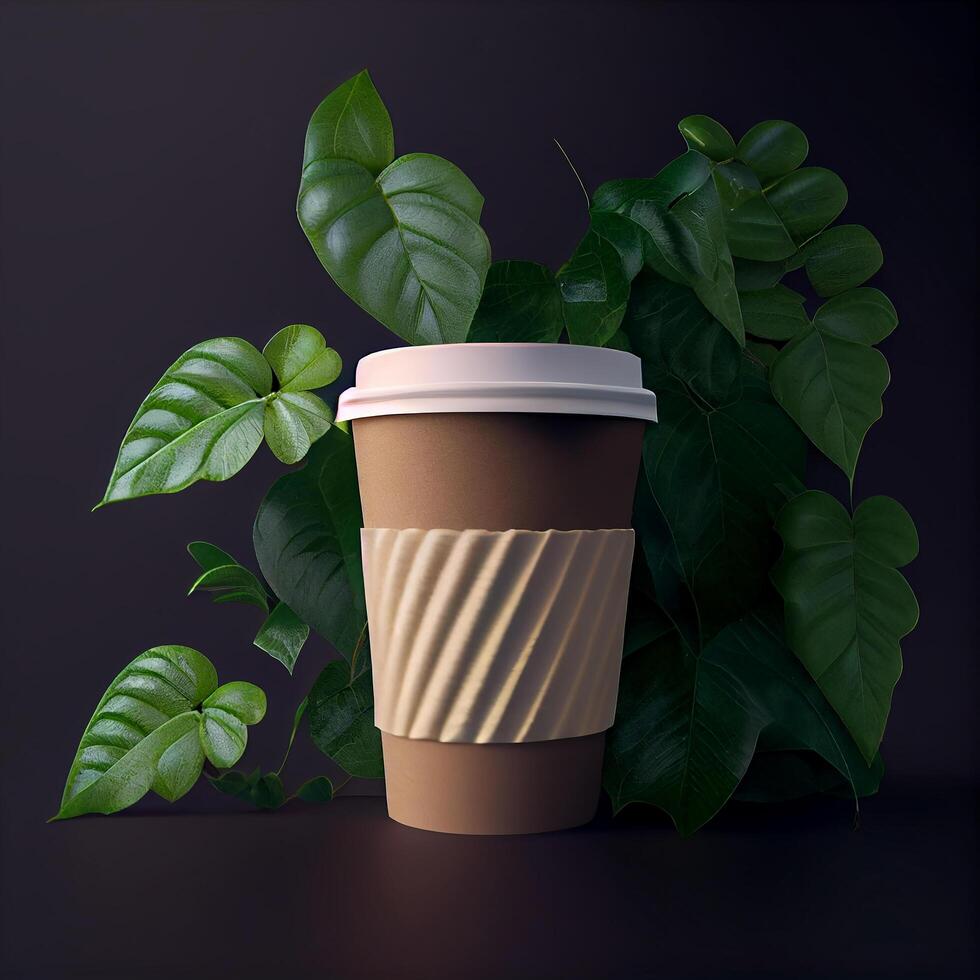 Coffee to go on a background with green plants. Illustration photo