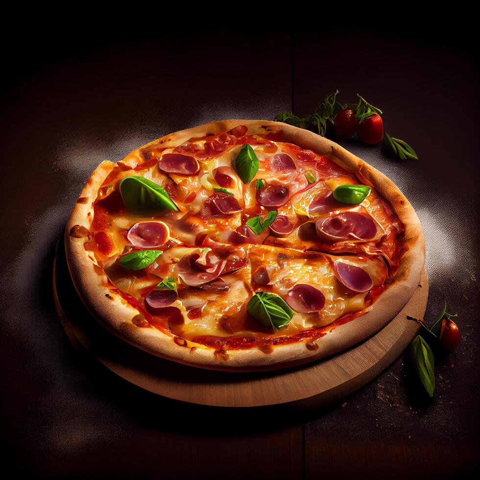 Pizza on wooden board. Illustration photo