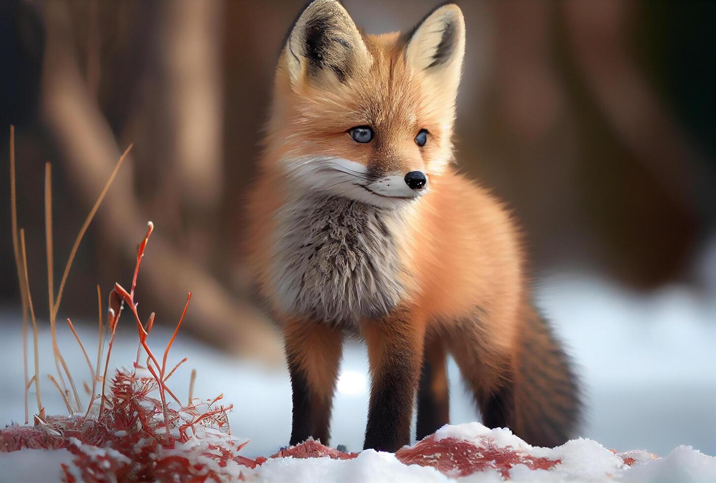 cute baby fluffy fox in snow winter. Illustration photo