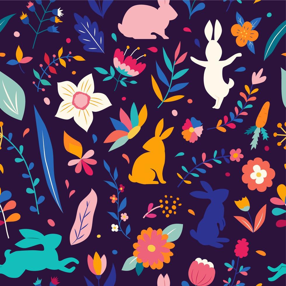 Seamless Easter pattern. Trendy Easter design flowers and bunny. Silhouette of a rabbits on a dark background with decorative floral elements vector