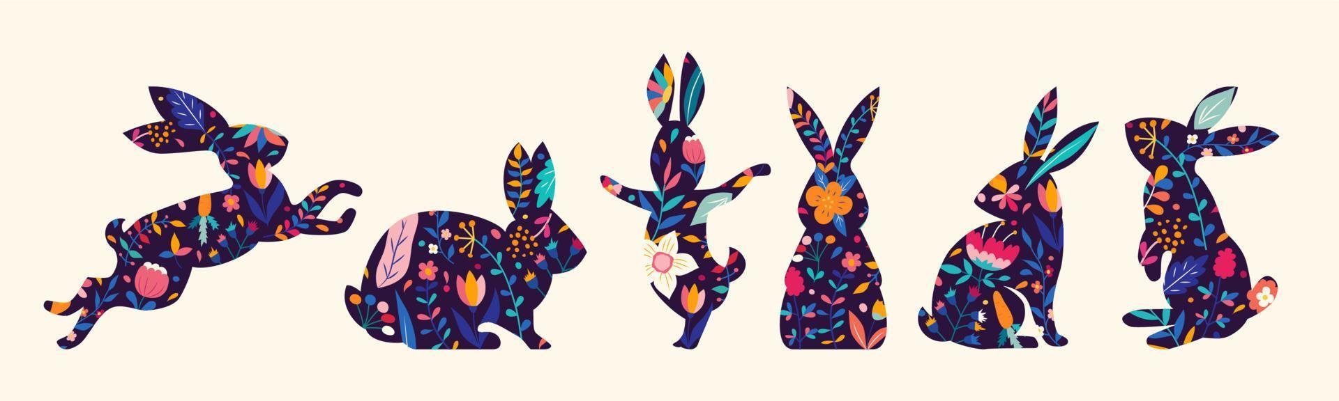 Silhouette of various Easter bunnies with flower decorations. Happy Easter. Minimalist style design with hand drawn elements vector