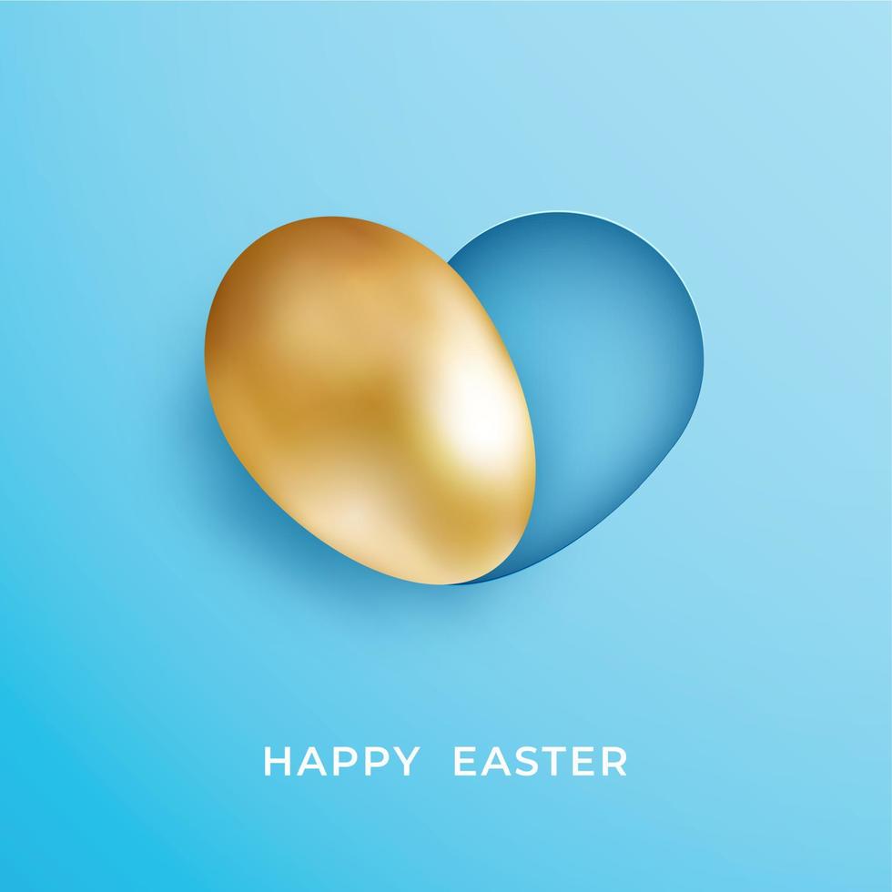 Realistic golden egg with heart shaped shadow on blue background. Minimalist style happy Easter banner vector