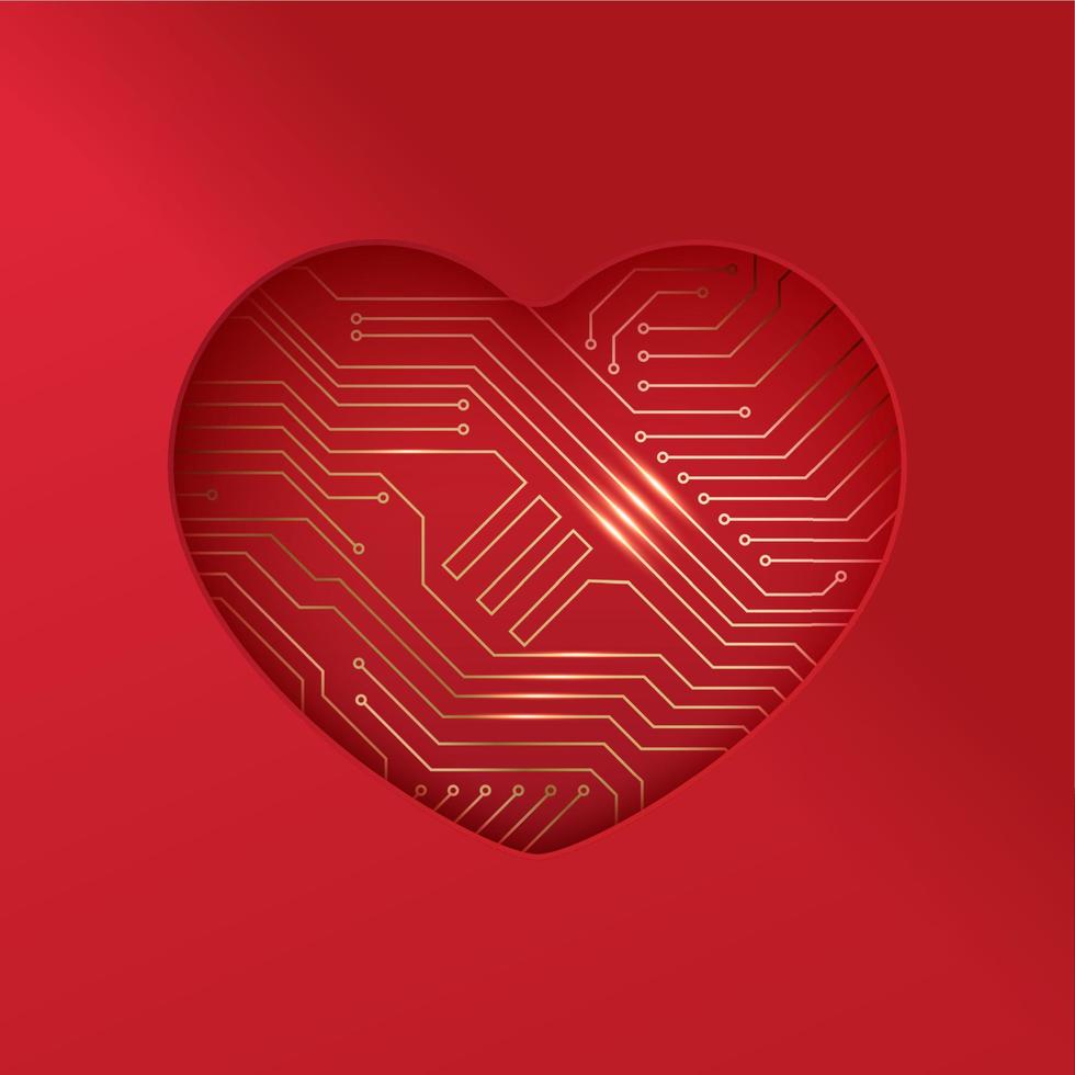 Background with heart shaped hole and electrical circuit board. Virtual love concept. Valentines day greeting card vector