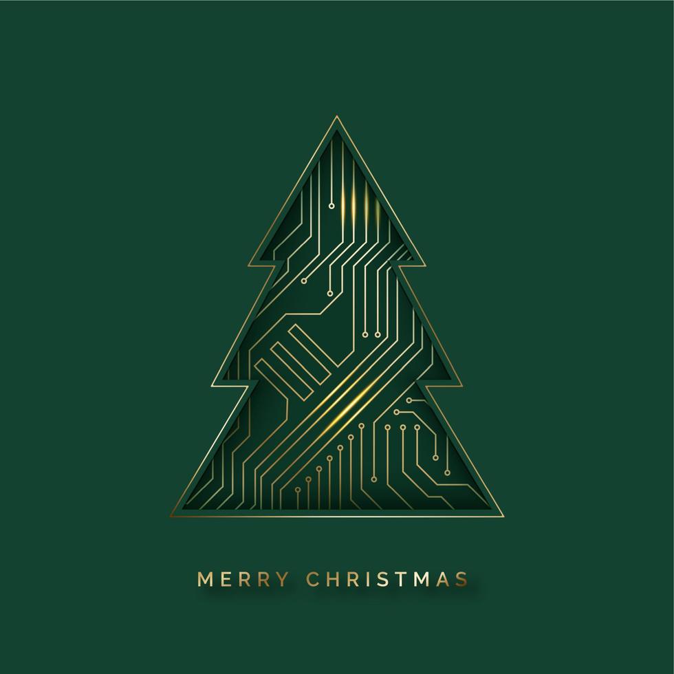 Christmas card with a hole in the shape of a Christmas tree and a microchip on a green background. New year virtual reality concept. Card in computer technology style vector