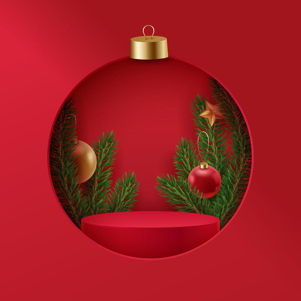 Christmas red podium with fir trees, Christmas balls and a star. Festive background with a realistic scene and a hole in the shape of a Christmas ball vector