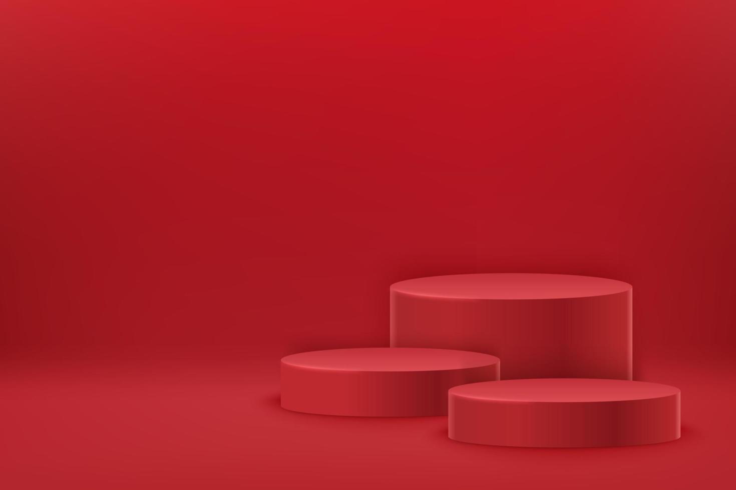 Tree empty red round podiums. Award ceremony concept. Abstract scene with cylindrical podiums. Geometry shape platform vector