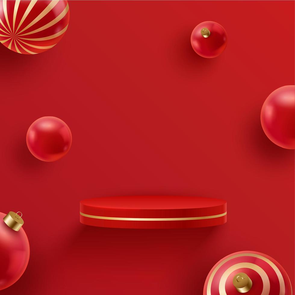 Christmas red flying podium with festive decorations. Christmas and new year 3D scene, podium for product display vector