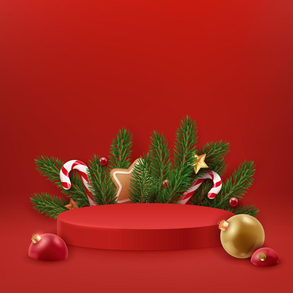 Christmas red podium with firs, candy canes, christmas balls and stars. Holiday background. Christmas and new year 3D scene, podium for product display vector