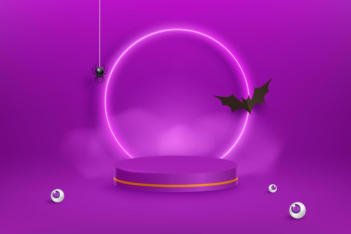 Violeta Víspera de Todos los Santos antecedentes con murciélago, niebla, araña y neón luces. geometría forma plataforma. realista 3d diseño etapa podio, redondo estudio, neón luces vector