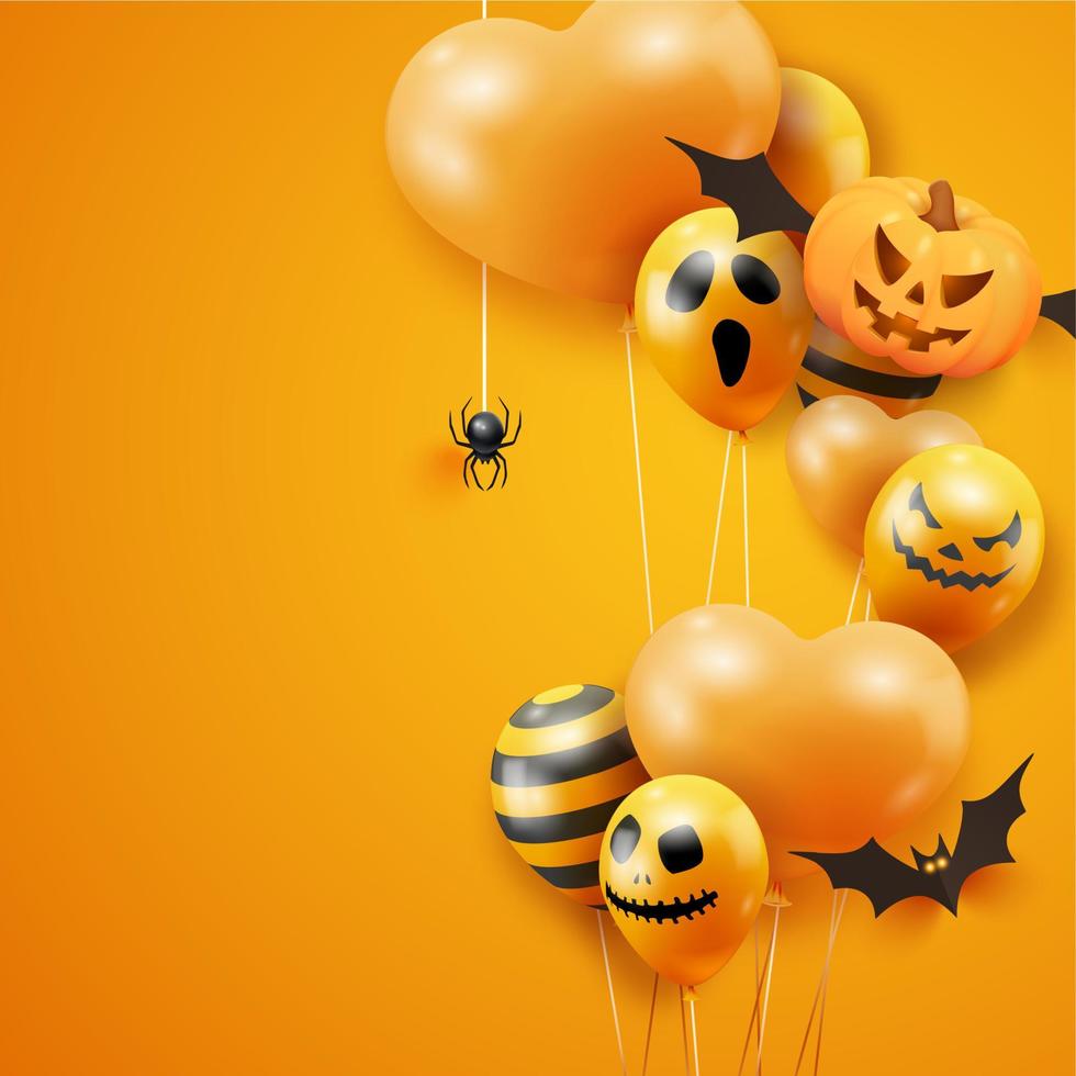 Two Halloween horizontal banners with candies, spiders, bats and pumpkins on orange background. Halloween banner template with realistic Jack O Lantern pumpkins vector