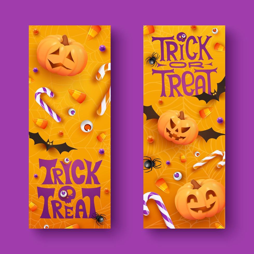Two Halloween horizontal banners with candies, spiders, bats and pumpkins on orange background. Halloween banner template with realistic Jack O Lantern pumpkins vector