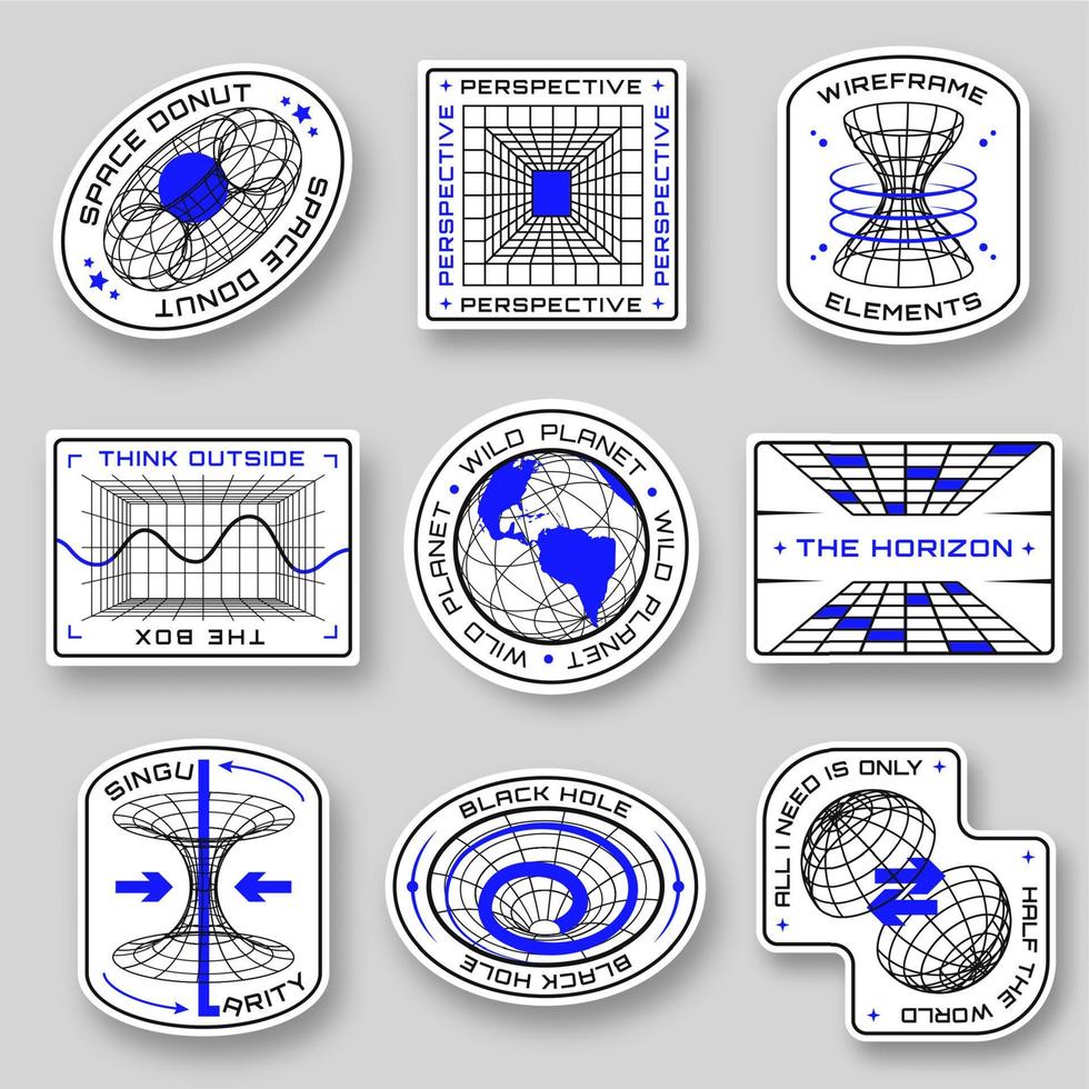 Sci Fi geometric stickers. Futuristic space shapes in different forms. Badges with wireframe 3D figures. Perspective grid, futuristic design elements, chart and black hole vector