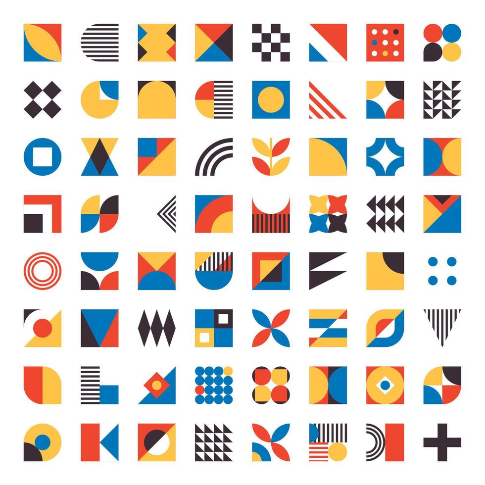 Simple geometric bauhaus inspired elements. Minimal modern abstract shapes. Abstract retro tiles with circles and triangles vector