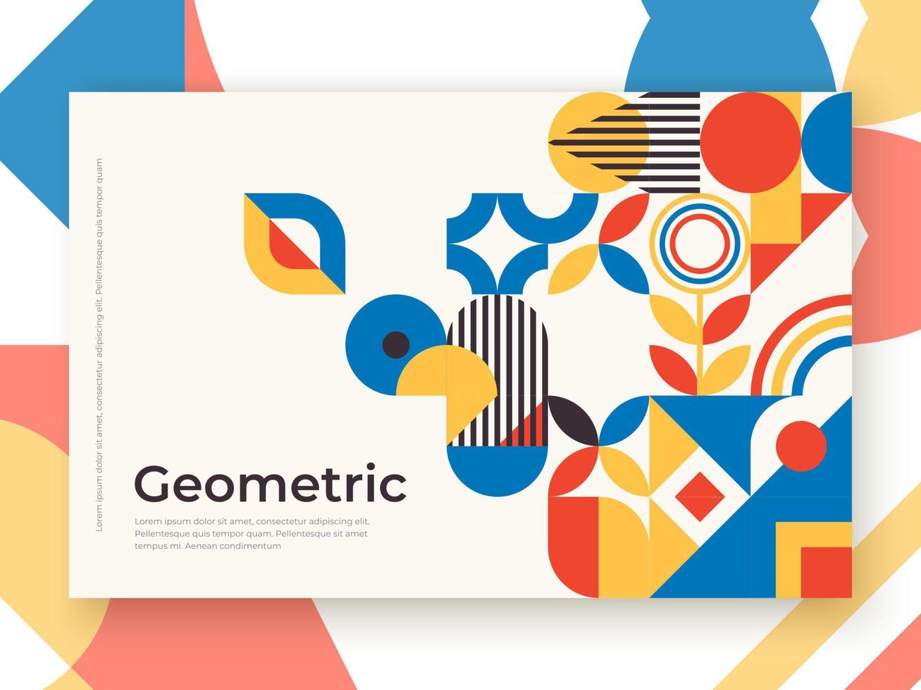 Bauhaus inspired banner with square figures and text. Minimal modern abstract brochure. Abstract retro poster with basic figures templates vector