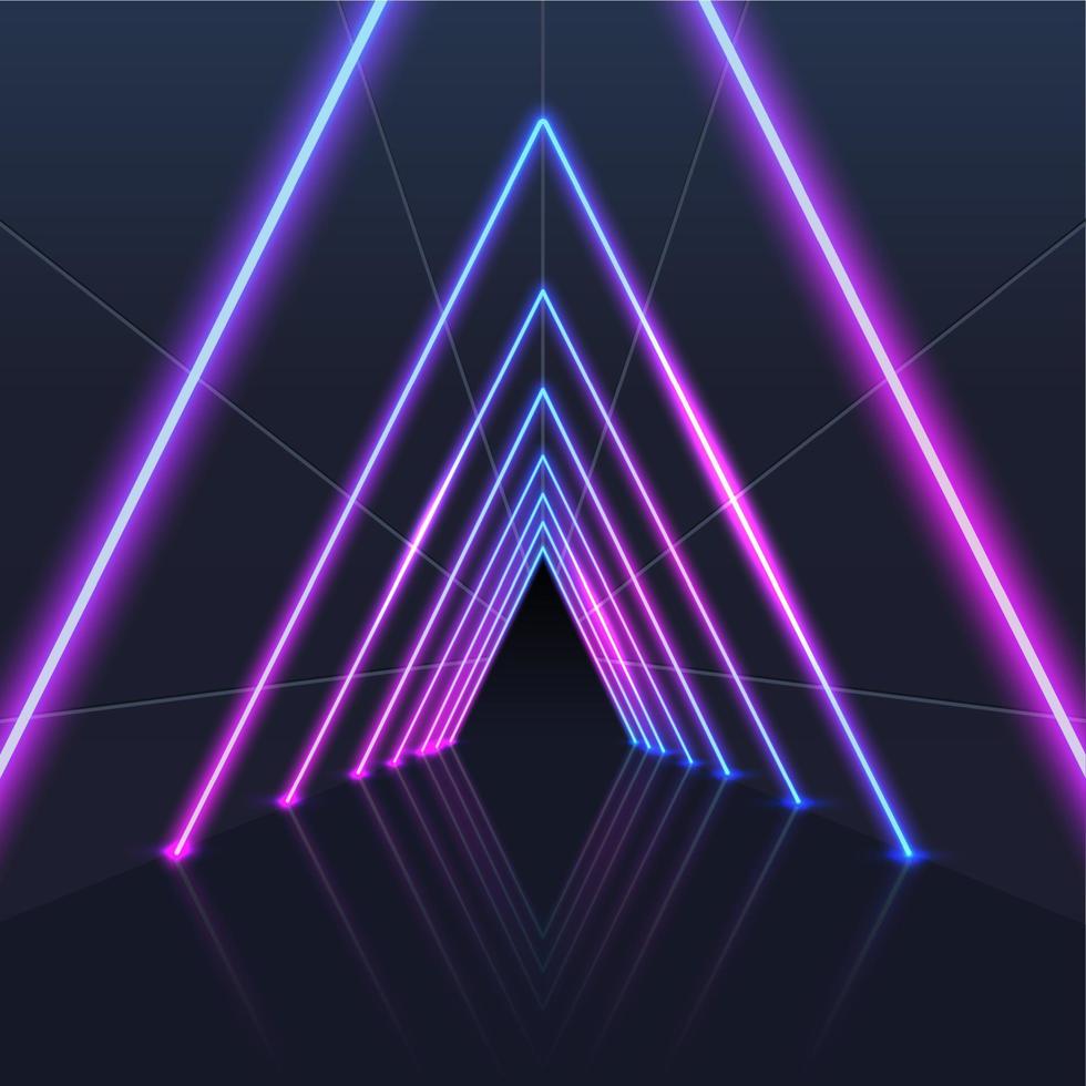 Glowing neon triangles direction in perspective. Glowing vector futuristic lighting. Pink blue spectrum vibrant colors