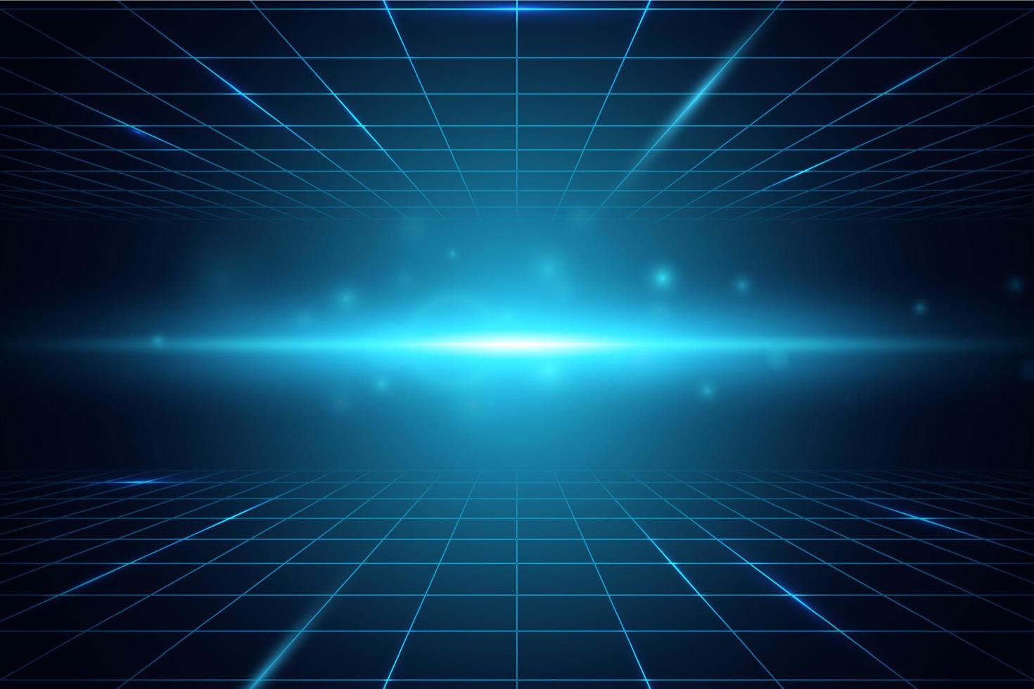 Perspective grid background. Wireframe landscape. Blue grid with particles stars dust and flare vector