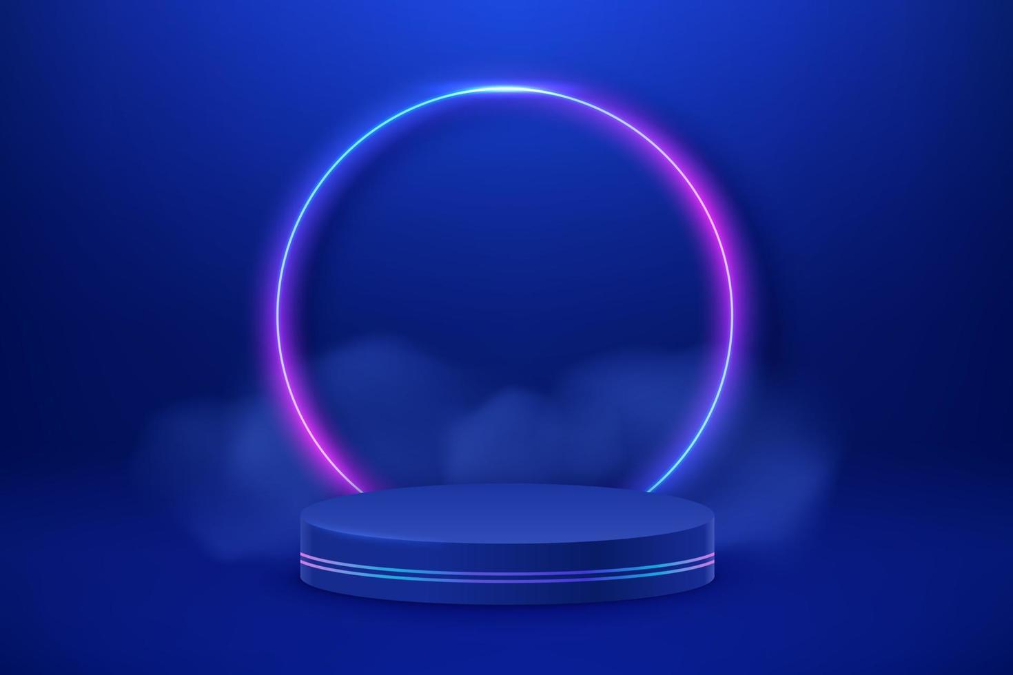 Empty podium with line gradient neon ring. Abstract scene with pink and blue neon glowing frame and smoke. Mockup scene vector