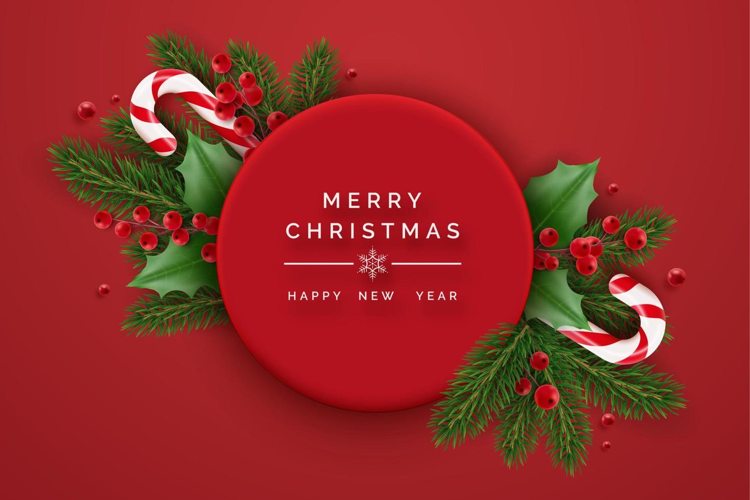 Merry Christmas and Happy New Year banner with holly berries, candies, fir brunches and christmas element. Christmas red background with realistic decorations vector