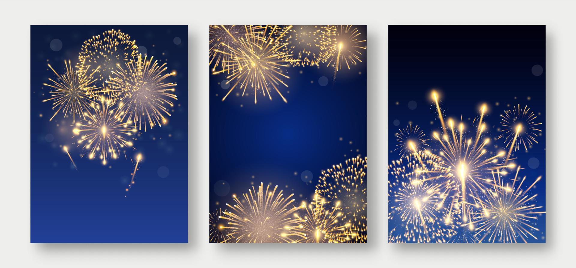 Three posters with fireworks bursting in various shapes. Firework explosion in night. Firecracker rockets bursting in sparkling star balls vector