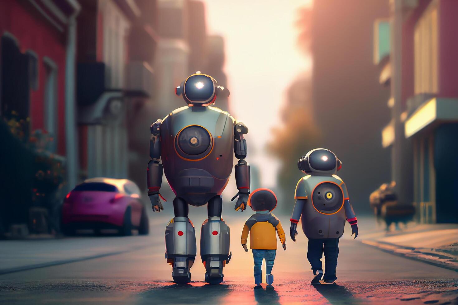 Happy robots family walking in the street of big futuris. Illustration photo