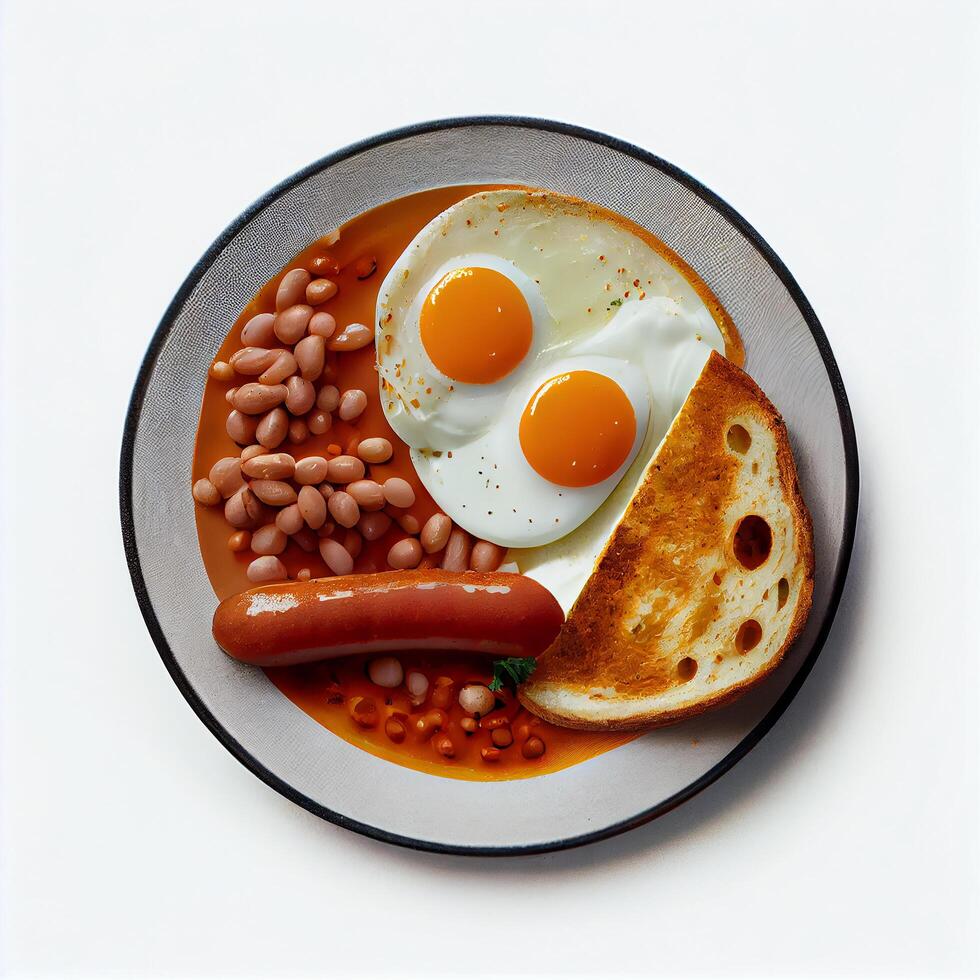 Two Fried Eggs 2 Sausages Canned Beans. Illustration photo