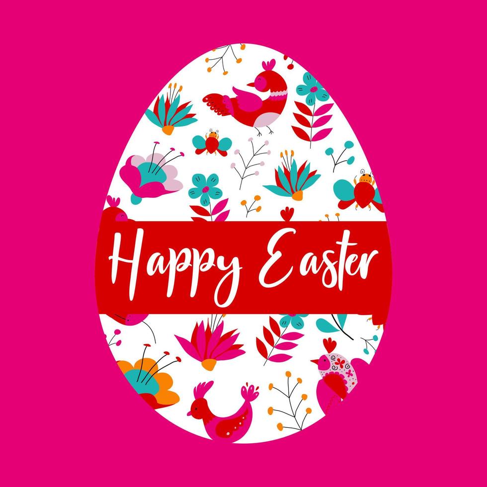 Happy Easter banner. Trendy Easter design with flowers and birds on red background vector