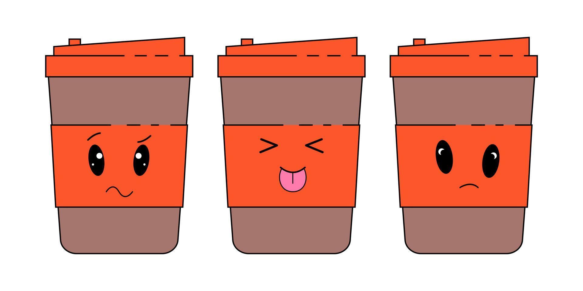 café papel taza emoticones conjunto con diferente caras y expresiones vector
