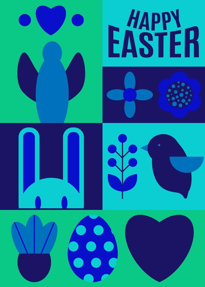 Happy Easter. Patterns. Modern geometric abstract style. Easter eggs, rabbit., flowers, birds. Blue colors vector