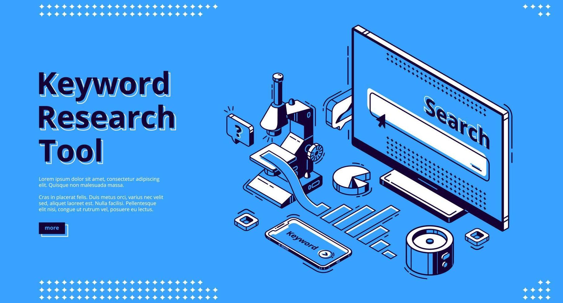 Keyword research tool isometric landing page. vector