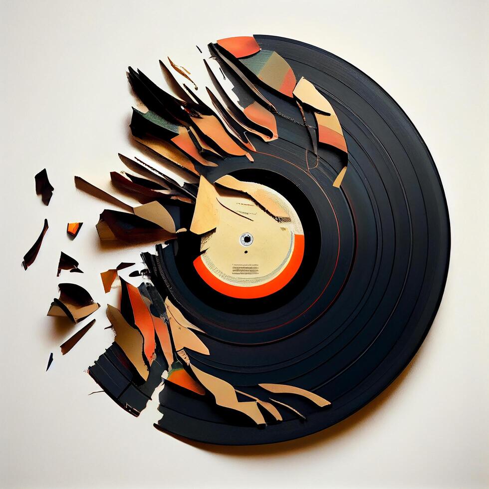 Music record falls apart on the side on musical notes. Illustration photo