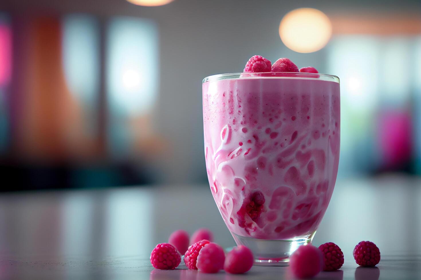 Glass of raspberry smoothie in white floor. Illustration photo