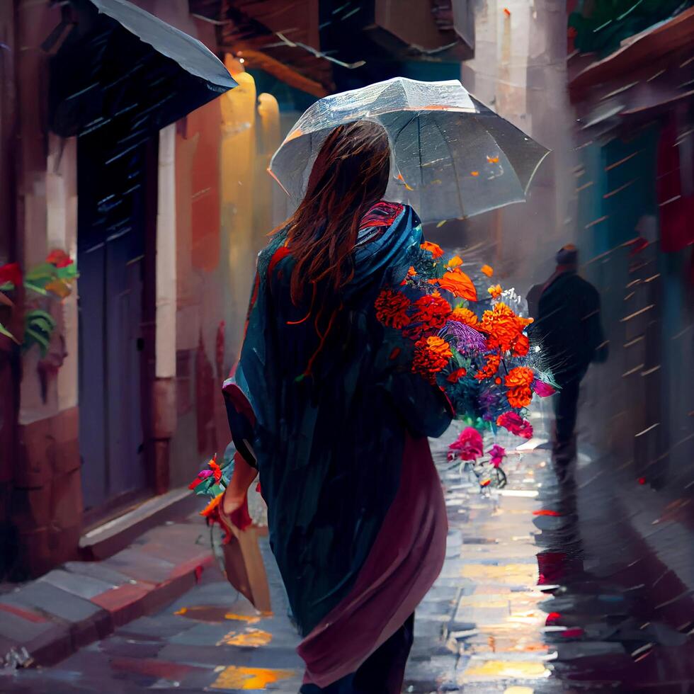Woman walking in the rain with a bouquet of flowers. photo