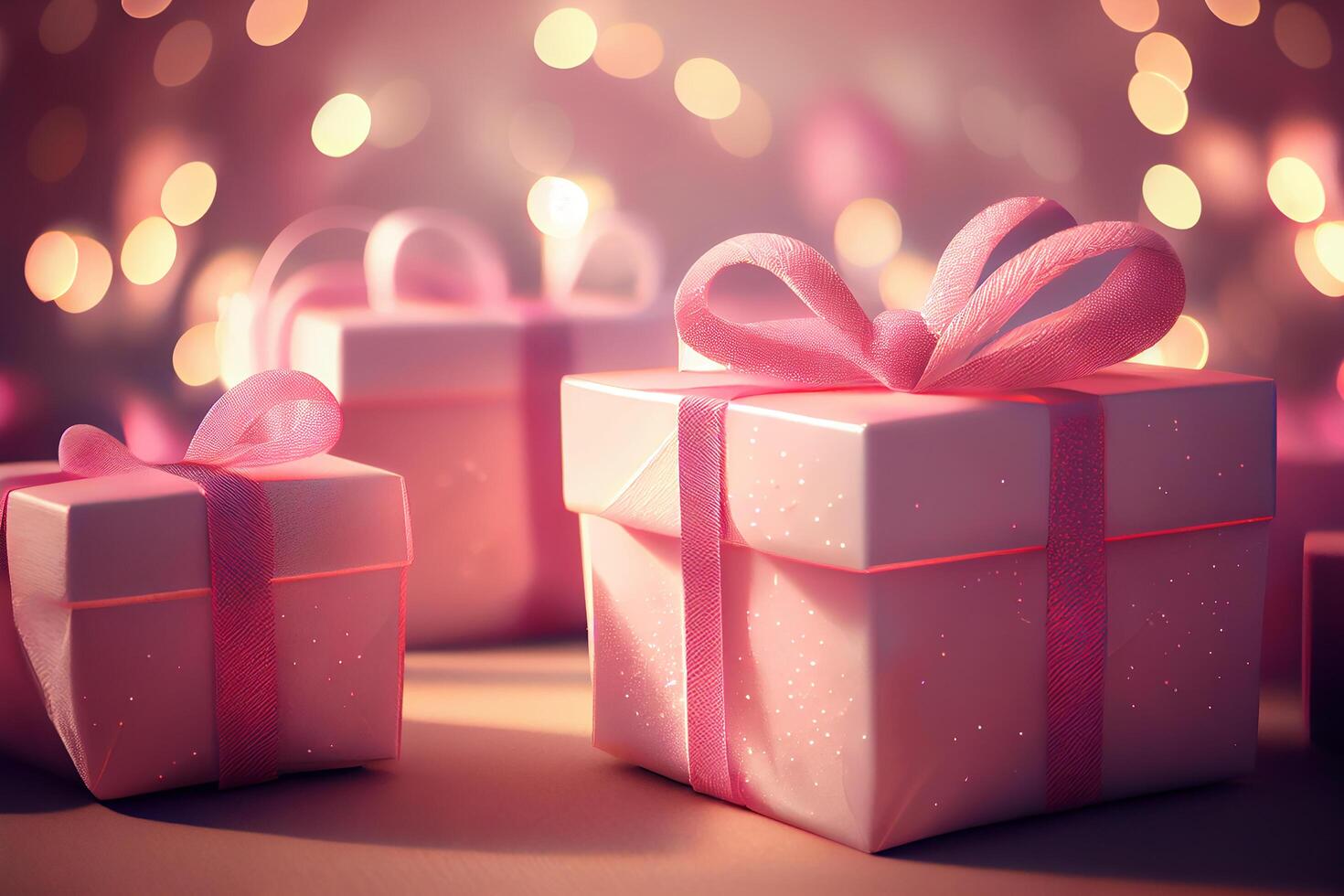 Pink Gif Boxes with Bow on Bokeh Background. photo
