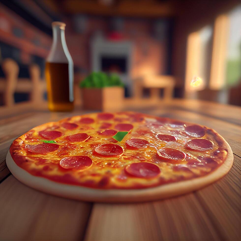 pepperoni Pizza en marrón madera. ilustración generativo ai foto