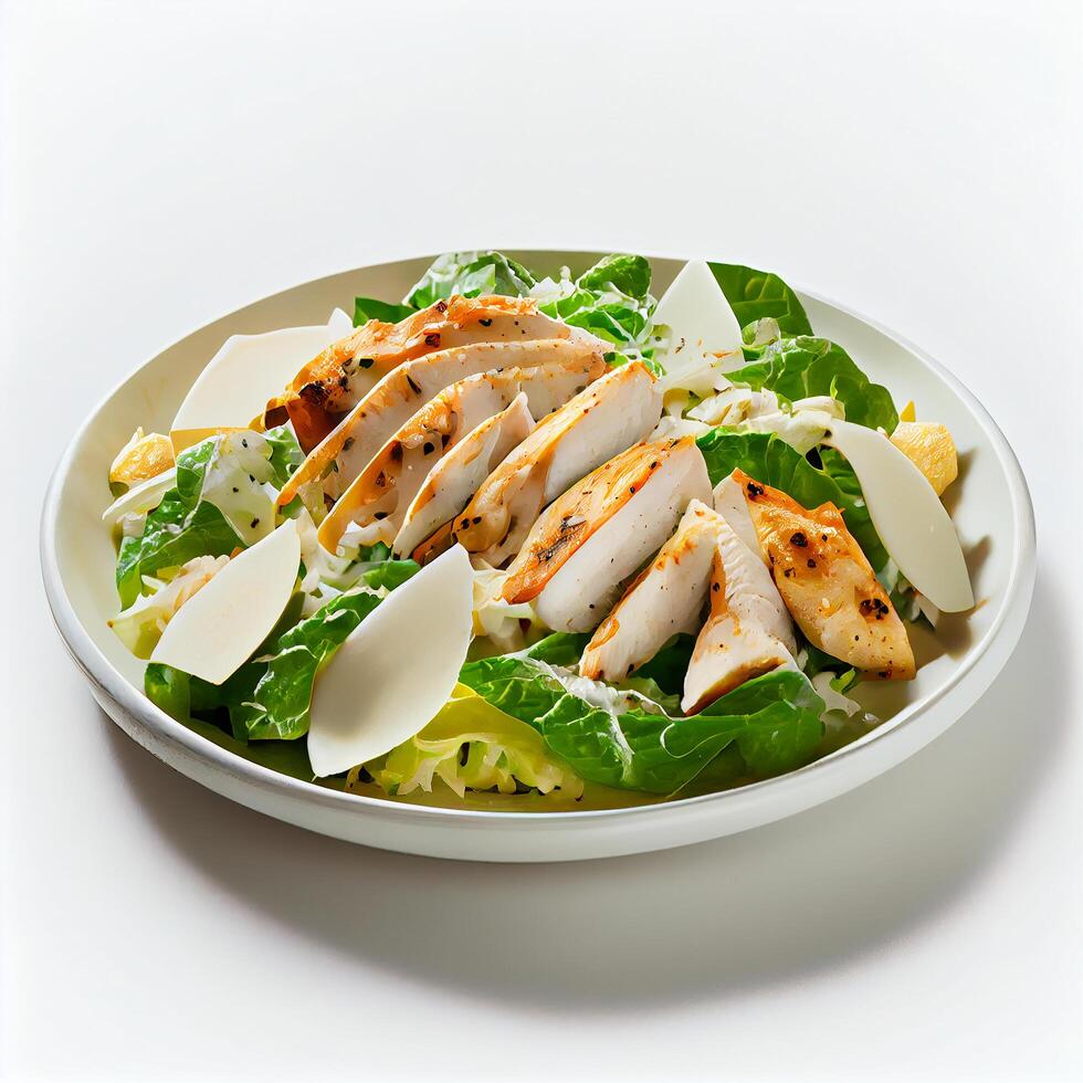 Caesar Salad with Chicken on a White Plate . Illustration photo