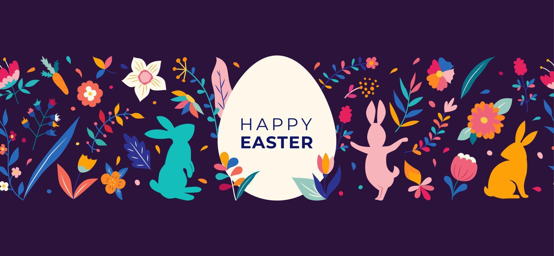 Easter bunnies, egg and flower decorations. Happy Easter banner. Minimalist style design with hand drawn elements vector