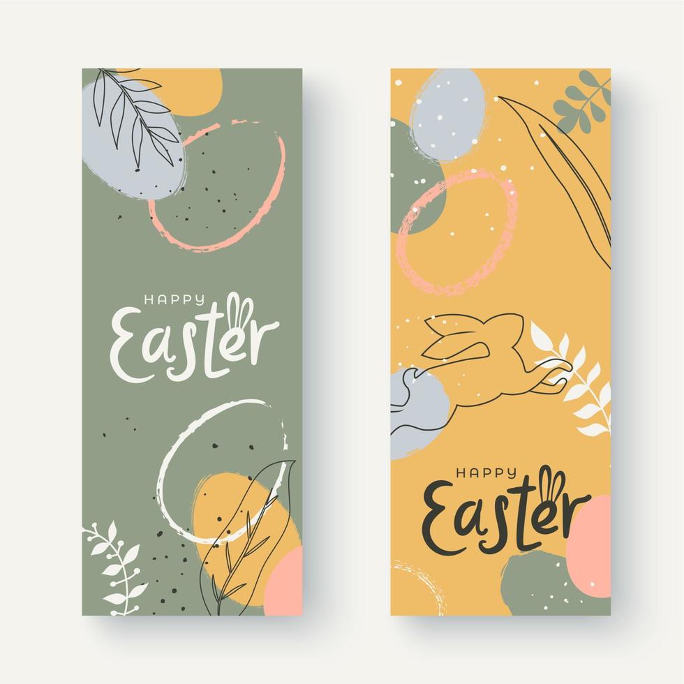 dos vertical pancartas con mano dibujado Pascua de Resurrección decoraciones en pastel colores. minimalista estilo diseño con huevos, conejo, flores y plantas vector