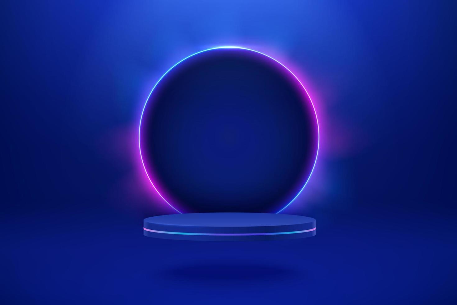 Empty podium with line gradient neon ring. Sci-fi abstract scene with pink and blue neon glowing frame and dark portal. Mockup scene vector
