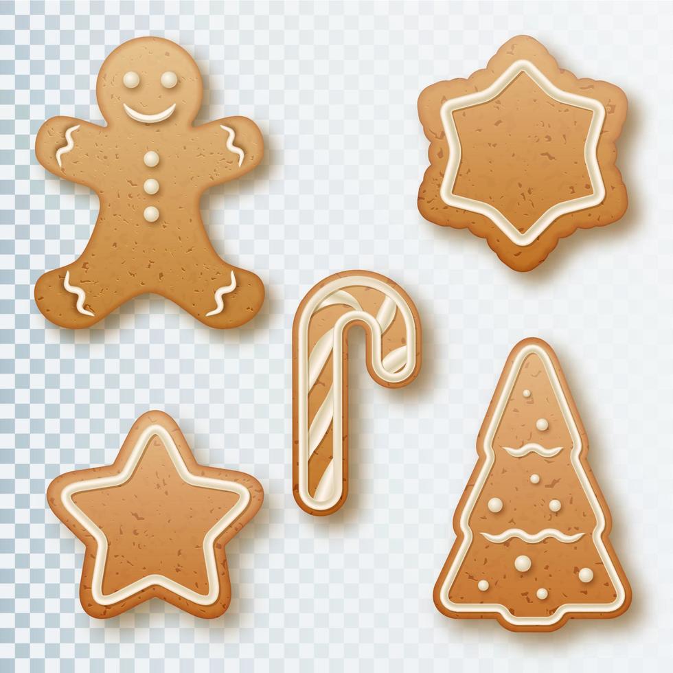 Christmas gingerbread cookies. Set of various shapes man, snowflake, tree, candy and star. Collection gingerbread cookies vector