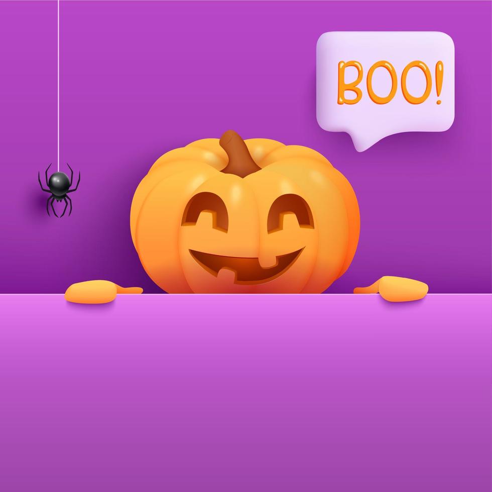 Halloween banner template with Jack O Lantern pumpkin, speech bubble and spider. Realistic pumpkin with scary smile on his face peeking out from behind a banner vector