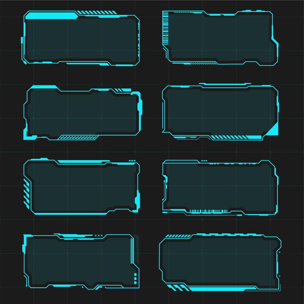 Futuristic HUD frames. User interface elements, border aim control panel. High tech screen digital hologram window, sci-fi empty banners for text vector