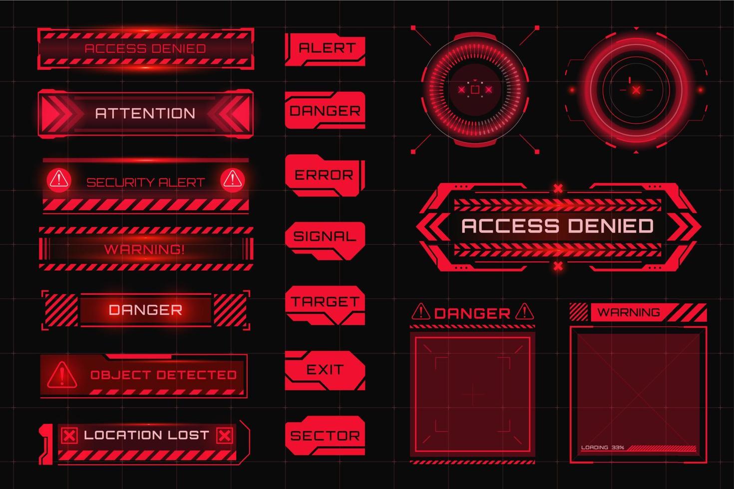 Set of warning, attention and alert red symbols. HUD caution and danger frames. Game UI with warning boxes for system damage error vector